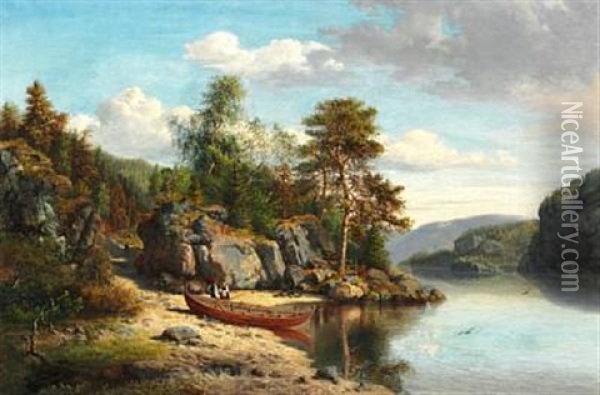 View Of A Norwegian Fjord With A Couple Next To A Boat Oil Painting - Hermann Garmann-Schanche