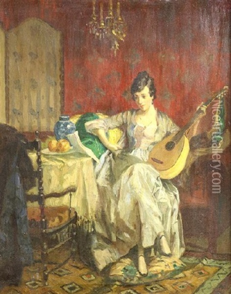 Femme A La Mandoline Oil Painting - Konstantin Andreevich Somov