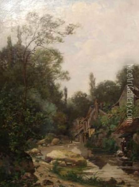 Laveuses Sur L'aven A Pont Aven Oil Painting - Henri Dutzschold