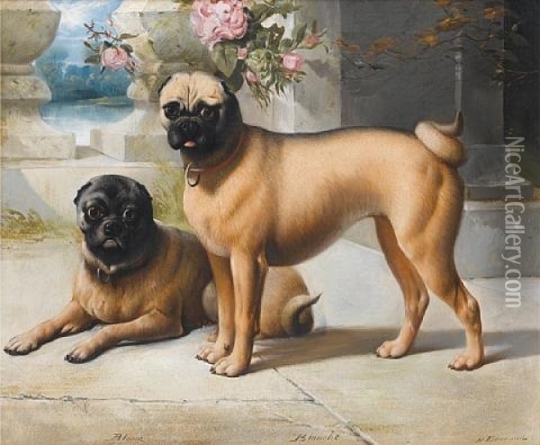 The Pugs "bloom" And "blanche" On The Steps Of A Country House Oil Painting - Henry Barraud