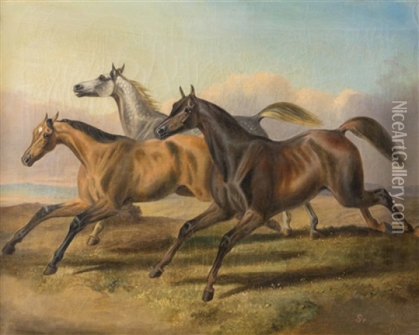 2 Bilder: A) Drei Ungesattelte Pferde Im Galopp In Sommerlicher Landschaft, B) Drei Stehende Ungesattelte Pferde In Landschaft Oil Painting - Otto Stotz