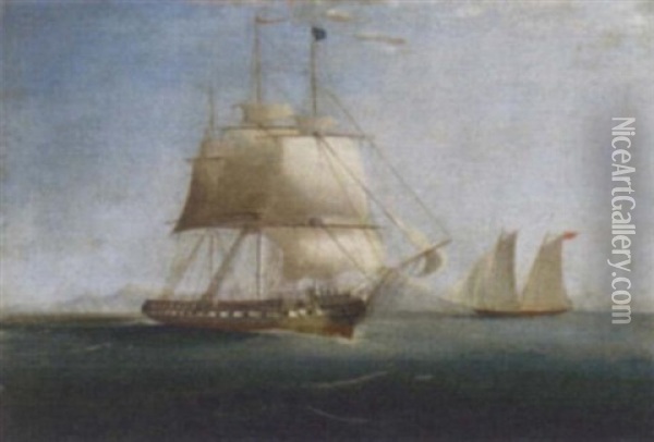 A Frigate Of The Royal Navy Under Reduced Sail Off The Mediterranean Coast Oil Painting - Nicholas Matthew Condy