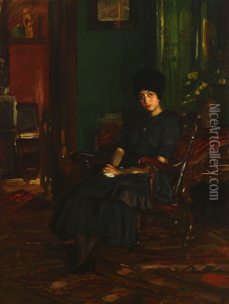 Portrait Of A Woman Seated In The Athenaeum Club Room, Chicago Oil Painting - Joseph Kleitsch
