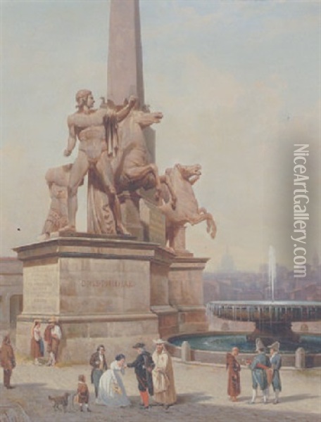 Folkeliv Pa Piazza Del Quirinale Med Statuerne Af Dioskurerne Castor Og Pollux Oil Painting - Gustaf Wilhelm Palm