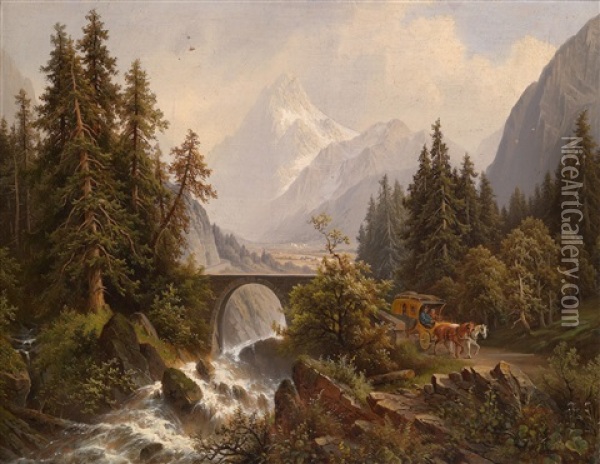 Ponte St. Marin Im Chamoniethale Mit Dem Montblank, Schweiz Oil Painting - Josef Burgaritzky