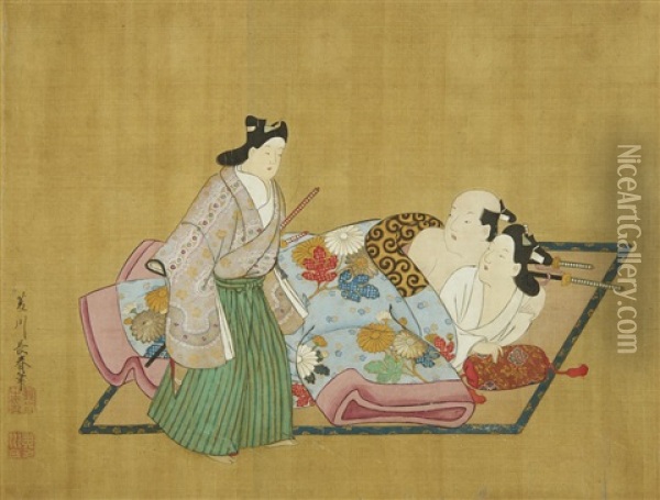 A Rare And Important Nanshoku (male-male) Shunga Handscroll Oil Painting - Miyagawa Choshun