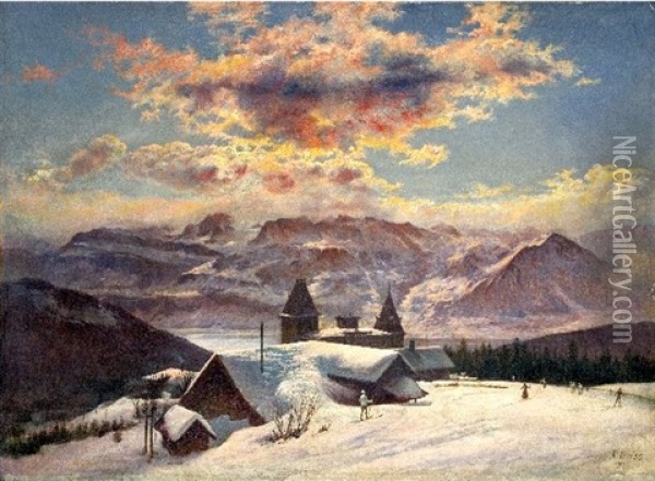 Tombee Du Jour Sur Les Alpes Enneigees Oil Painting - Rudolf Johann Weisse