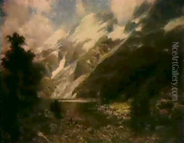 Ziegenhirte Am Bergseeufer Oil Painting - Hellmuth Raetzer
