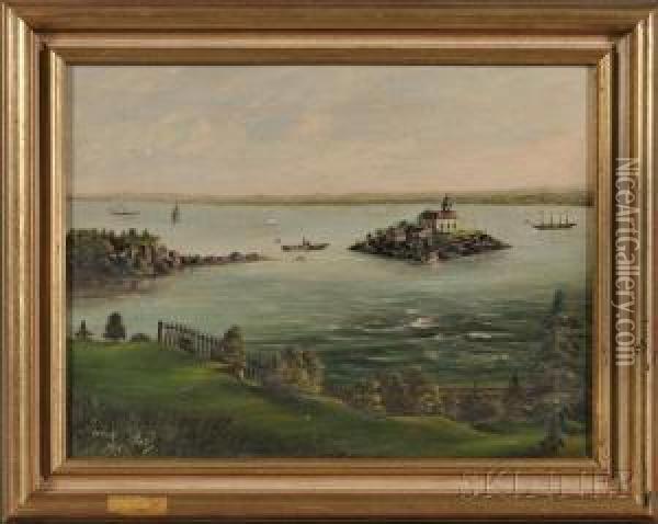 Ocean View With Island And Ships Oil Painting - Anna Belle Wing Kindlund