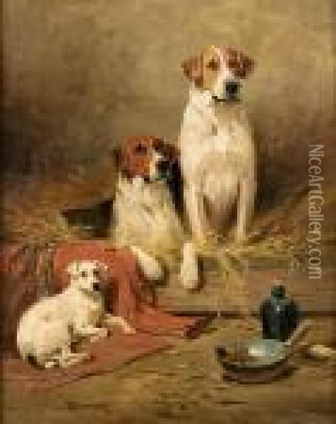 Foxhounds And A Terrier Oil Painting - John Emms