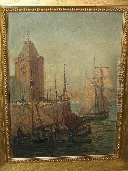 Evening Light - Waiting For The Tide, Alfred Dock Entrance, Birkenhead Oil Painting - Charles Hudson Cox