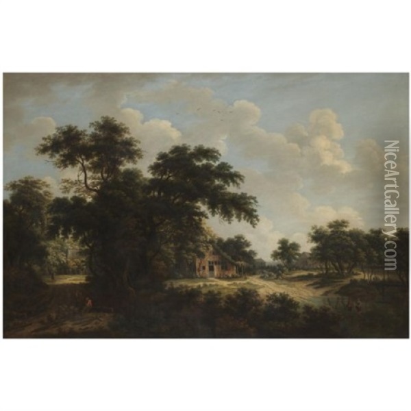 A Wooded Landscape With Figures Fording A Stream Near A Cottage Oil Painting - Meindert Hobbema