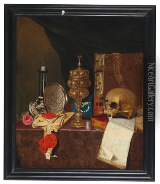 Vanitas Still Life With Ornate Vessels, Books, Inscriptions And A Death