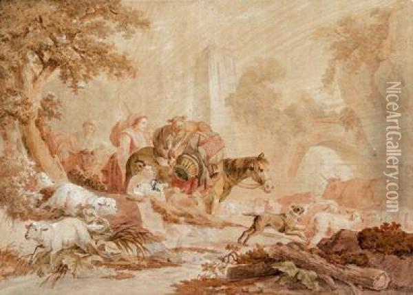 Paesaggio Con Pastori E Gregge Oil Painting - Jean-Baptiste Huet I
