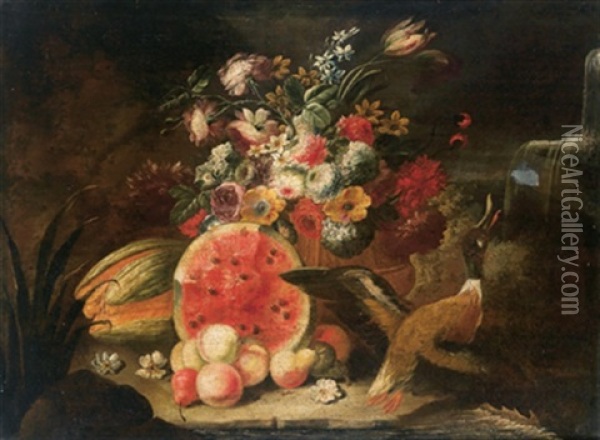 Natura Morta Con Due Meloni, Pesche, Fiori In Un Vaso E Un'anatra Davanti Ad Una Cascata Oil Painting - Abraham Brueghel