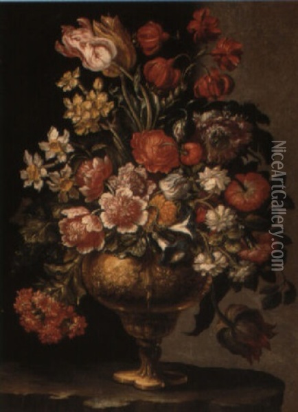Still Life Of Flowers In A Vase On A Ledge Oil Painting - Mario Nuzzi