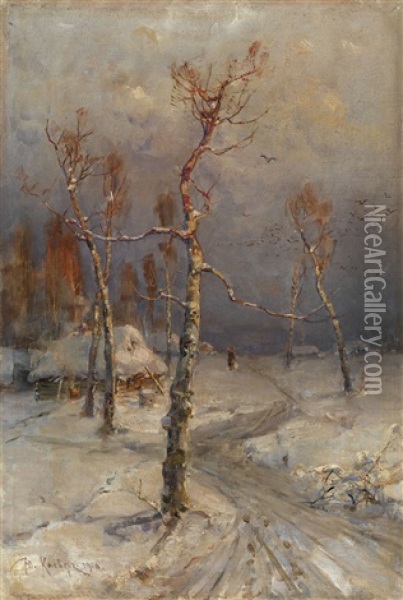 Wintry Village Oil Painting - Yuliy Yulevich (Julius) Klever