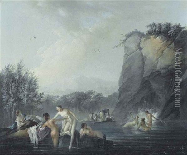 Women Bathing At A Rocky Pool Oil Painting - Jean Baptiste Pillement