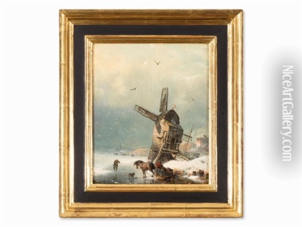 Windmill In The Snow Oil Painting - Carl Hilgers