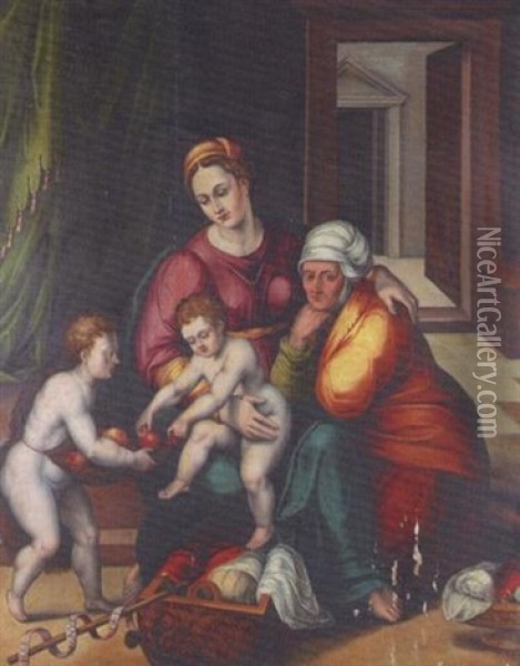 La Vierge, L'enfant, Sainte Elisabeth Et Le Jeune Saint Jean Dans Un Interieur Oil Painting - Frans Floris the Elder