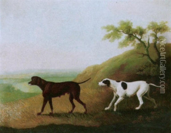 A Liver Pointer And A German Pointer In A Landscape Oil Painting - Daniel Clowes