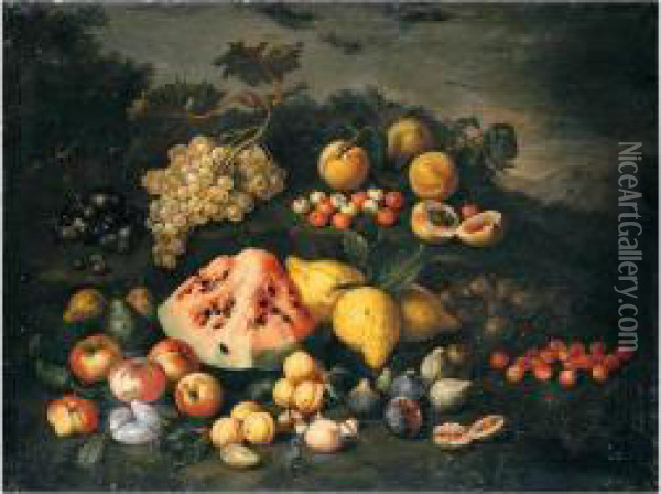 Still Life Of Watermelon, 
Lemons, Peaches, Apples, Plums, Cherries And Figs In An Open Landscape Oil Painting - Bartolommeo Bimbi