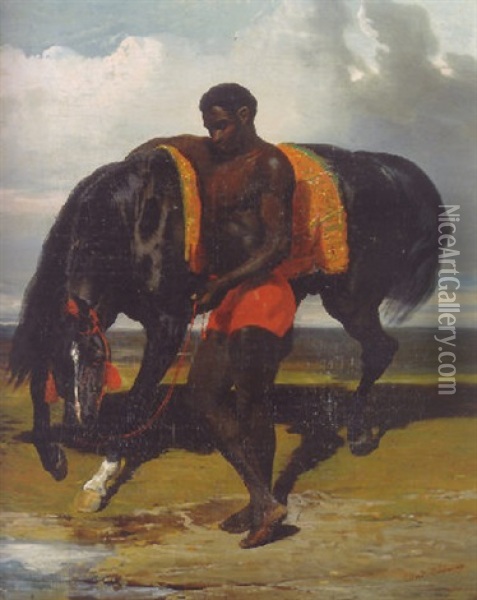 African Tenant Un Cheval Ar Bord D'une Mer Oil Painting - Alfred De Dreux