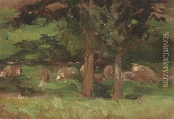 Weidende Tiere Unter Sommerlichen Baumen Oil Painting - Adolf Lins