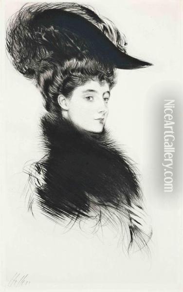 Portrait Of A Lady In A Feather Hat Oil Painting - Paul Cesar Helleu