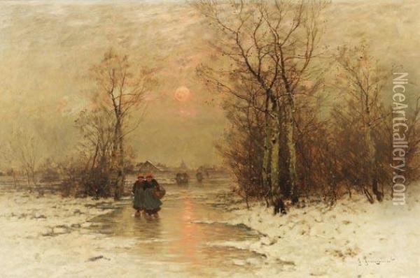 Morgendliche Winterlandschaft Oil Painting - Johann Jungblutt