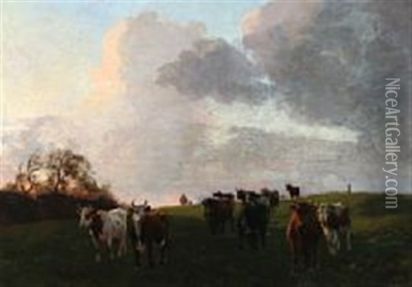 Cows On The Field, While A Storm Is Coming Oil Painting - Otto Bache