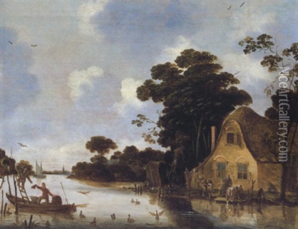 Bauernhaus An Einem Flus Mit Figuren Und Einem Boot Oil Painting - Egbert Lievensz van der Poel