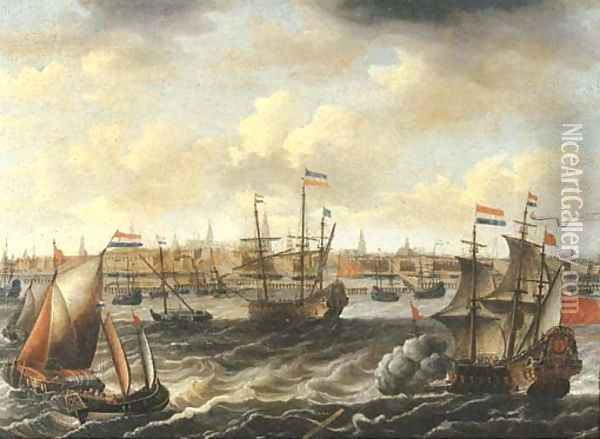 A view of Amsterdam with a Dutch frigate firing a salute, other men-o'-war, frigates and wijdschepen on the IJ nearby Oil Painting - Petrus van der Velden