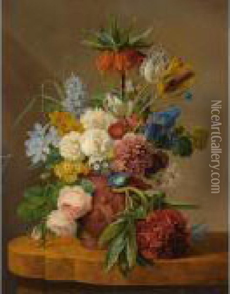 Flowers In A Vase On A Marble Ledge Oil Painting - Anthony Oberman