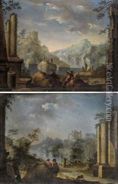 Paysage Aux Pecheurs Pres De La Riviere (+ Another; Pair) Oil Painting - Paolo Anesi