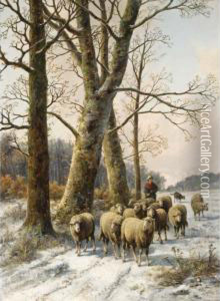 A Shepherd In A Winter Landscape Oil Painting - Alexis de Leeuw