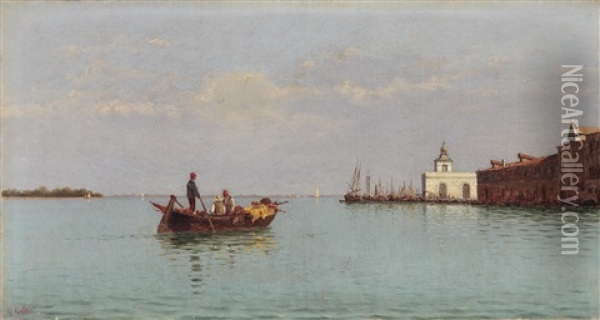 Blick Auf Die Punta Della Dogana Mit Einer Gondel Im Vordergrund Oil Painting - Pietro Galter