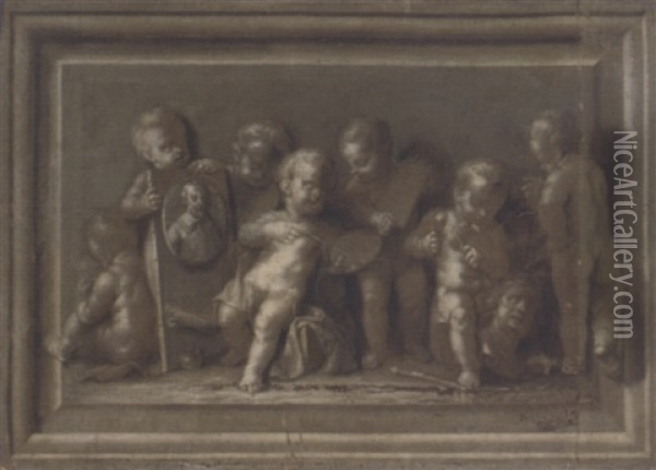 An Allegory Of Art: Putti Disporting With A Portrait Of The Artist Oil Painting - Louis Aernoutz Elsevier