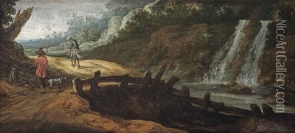 A Rocky Landscape With Figures On A Path, A Waterfall To The Right Oil Painting - Pieter Jansz van Asch