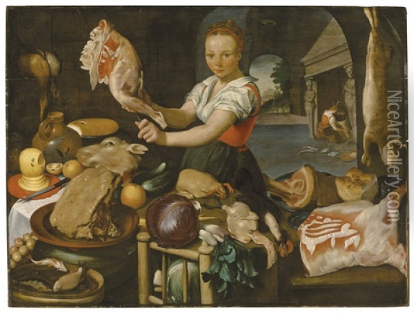 A Kitchen Scene With A Maid Preparing A Joint At A Table Laden With Meat, Fruit And Vegetables, A Landscape Beyond Oil Painting - Joachim Beuckelaer