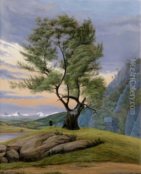 Symbolische Landschaft Im Abendlicht Mit Baum Und Wanderer Oil Painting - Eduard Von Buchan
