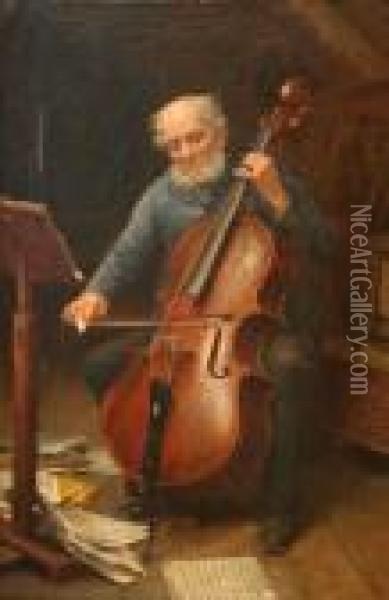 Portrait Of A Gentleman Playing Thecello Within An Interior Oil Painting - William Banks Fortescue