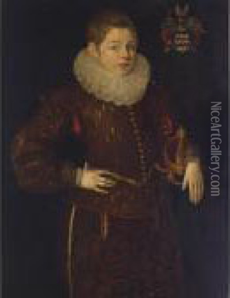A Portrait Of Othon D'arckel, 
Aged 10, Standing Three-quarter Length, Wearing A Red Suit With A White 
Lace Collar, Holding A Sword Oil Painting - Frans Pourbus the younger