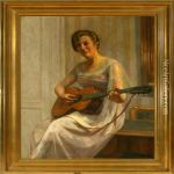 A Woman Is Palying The Guitar Oil Painting - Johan Schlichtkrull