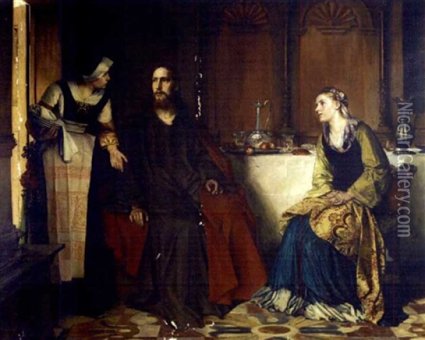 Jesus In An Interior Talking To Martha And Mary Oil Painting - Eduard (Karl-Franz) von Gebhardt