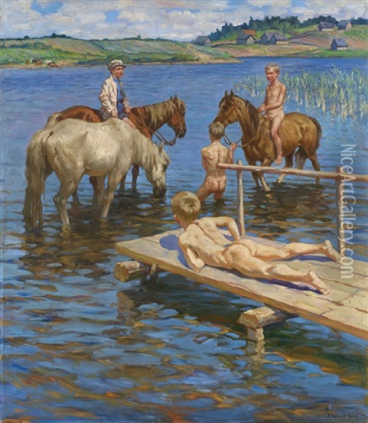 Bathing Horses Oil Painting - Nikolai Petrovich Bogdanov-Bel'sky