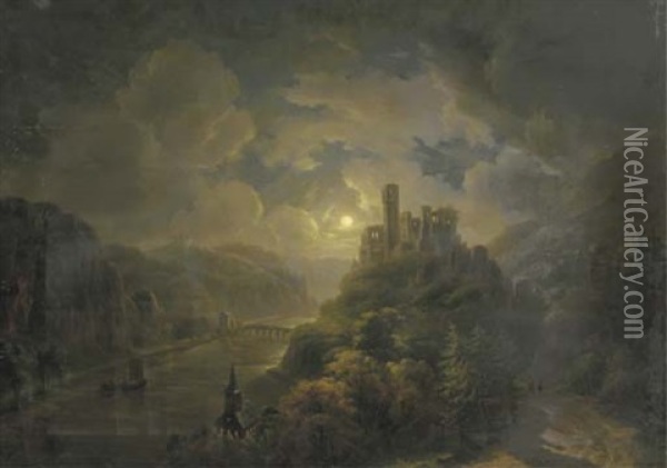 A Moonlit River Valley With A Ruin On A Hilltop Oil Painting - Willem De Klerk