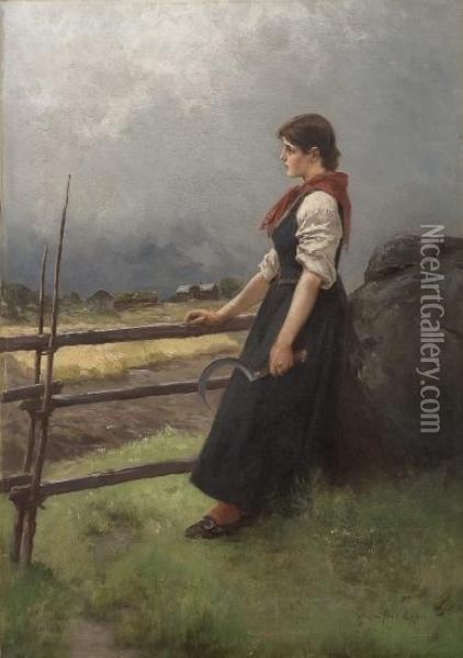 Girl With A Sickle By A Rail Fence Oil Painting - Axel Ender