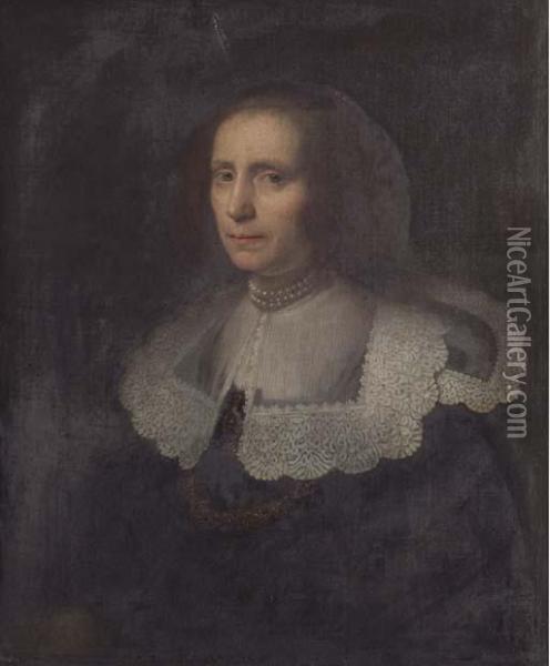 Portrait Of A Lady, Half Length, In A Black Dress And Lacecollar Oil Painting - Jan Anthonisz Van Ravesteyn