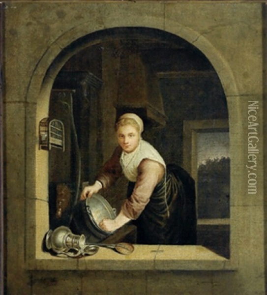 Eine Kuchenmagd Putzt Geschirr Am Fenster Oil Painting - Gerrit Dou